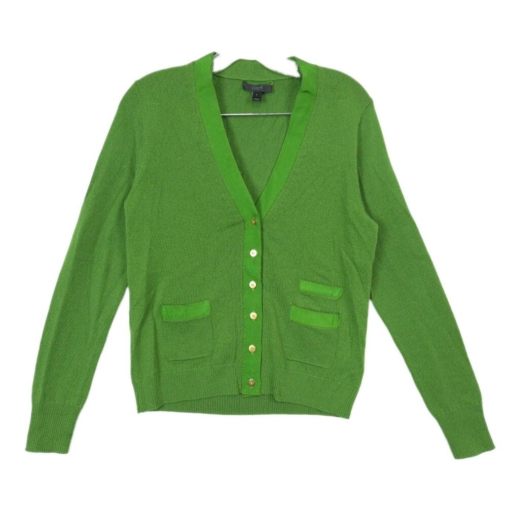 J.Crew Womens S 100% Merino Wool Cardigan Gold Buttons Green V-Neck Long Sleeve